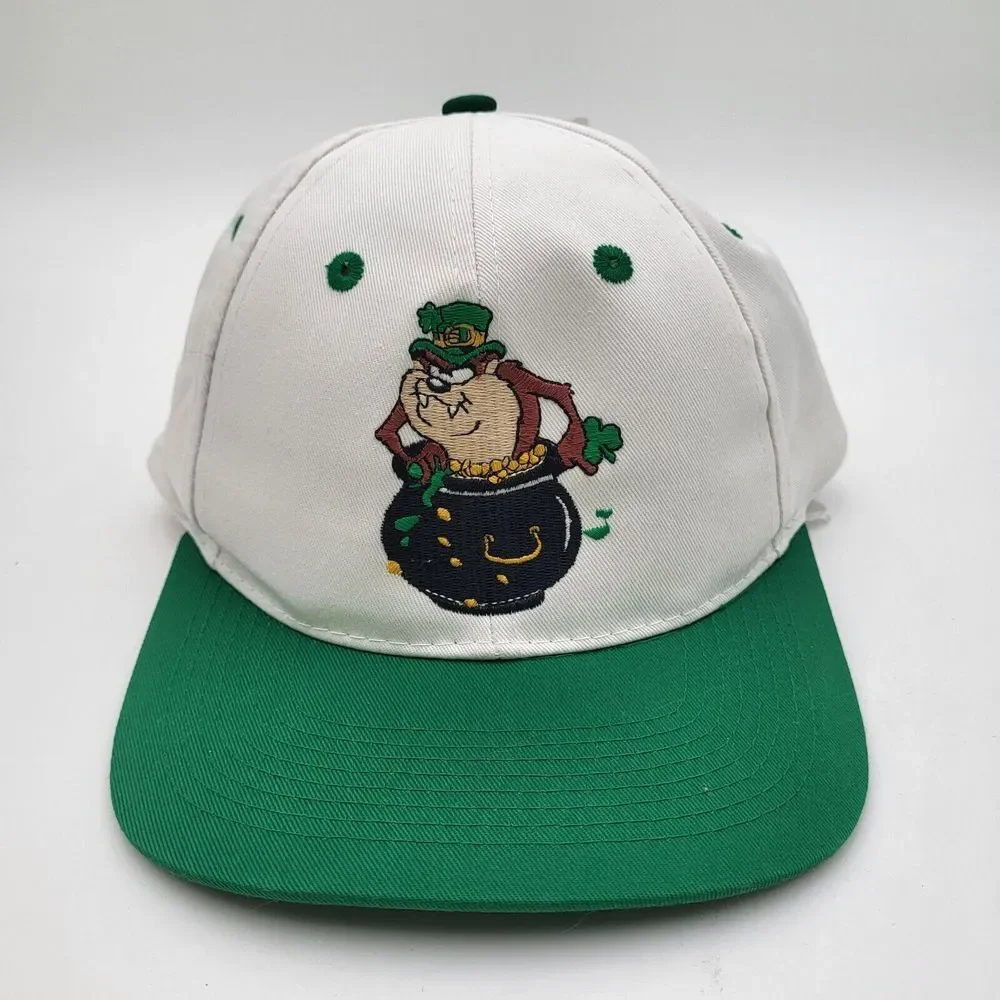 Vtg Taz White Hat‎ Looney Tunes One Size Snapback Pot of Gold St. Patrick's Day